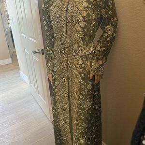 Elegant Olive Green Embroidered Abaya and dress